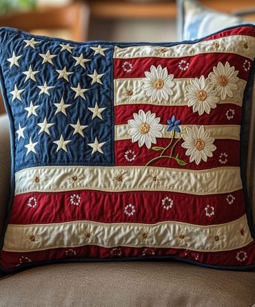Homefront Blooms Quilted Pillow Cover - Americana Floral Throw Case For Entryway, Living Room & Country Home Decor