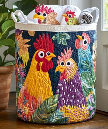 Farmhouse Hens Quilted Laundry Basket - Rustic Chicken Print Fabric Hamper, Large Capacity, Foldable Fabric Hamper With Sturdy Handles & Easy-Care