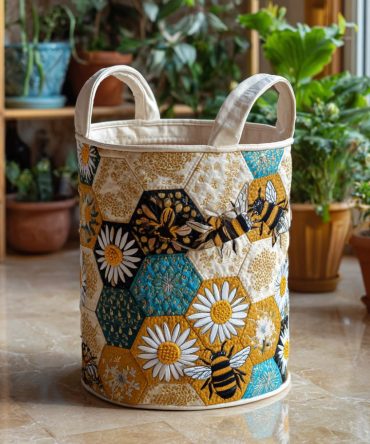 Honey Bliss Quilted Laundry Hamper — Warm Gold Floral Storage Basket, Collapsible Fabric Organizer For Home & Bathroom