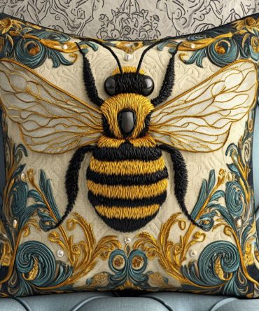 Honey Majesty Quilted Pillow Cover - Regal Honey Bee Floral Pillowcase For Statement Throws, Beds & Sofas
