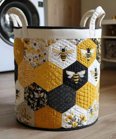 Honeycomb Bee Quilted Laundry Hamper — Cute Bee & Honeycomb Foldable Storage Basket For Nursery, Bathroom & Bedroom; Durable, Easy-Care & Collapsible