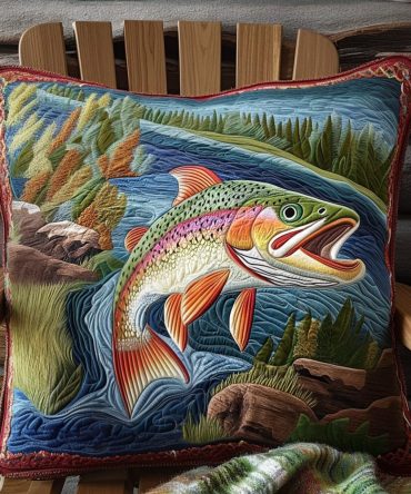 Hooked On Trout Quilted Pillow Cover — Fishing-Themed Decorative Throw Case For Cabin, Lodge Or Outdoor Enthusiast Home Décor