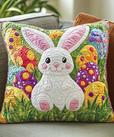 Hoppy Decor Quilted Pillow Cover — Playful Bunny Accent For Spring & Easter, Textured Cotton-Blend Throw Case With Secure Zip, Machine Friendly