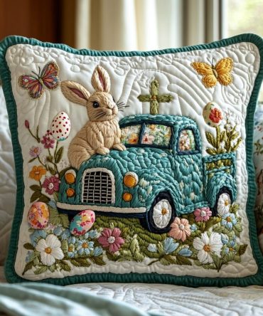 Hoppy Joy Quilted Pillow Cover — Playful Bunny Accent Pillowcase, Quilted Throw For Easter Decor, Soft & Machine Washable