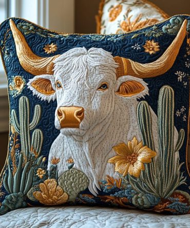 Horned Majesty Quilted Pillow Cover With Majestic Longhorn Artwork, Soft Cotton Blend Decorative Throw Pillowcase For Rustic & Western Interiors