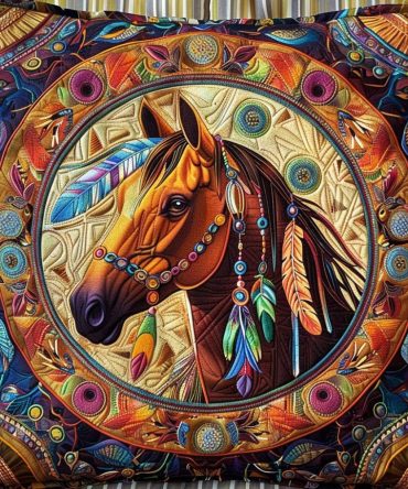 Horse Native Quilted Pillow Cover — Elegant Equestrian Decorative Cushion Case, Rustic Native Motif, Soft & Machine Washable