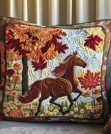 Autumn Horse Gallop Quilted Pillow Cover — Rustic Equestrian Throw Pillowcase For Cozy Farmhouse & Fall Living Room Style