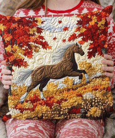 Autumn Gallop Quilted Horse Pillow Cover — Seasonal Equestrian Decorative Throw Case With Warm Fall Tones, Soft Quilted Finish
