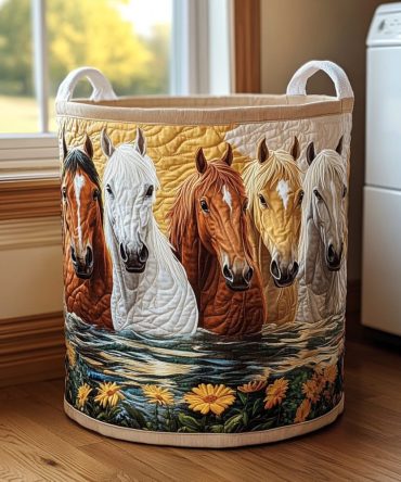 Horse Blossom Quilted Laundry Hamper – Equestrian Floral Foldable Clothes Basket With Soft Padding & Sturdy Handles For Stylish Bedroom Storage