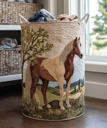 Horse Grace Quilted Fabric Hamper - Equestrian-Themed Collapsible Laundry Basket For Barnhouse, Bedroom & Stable Use