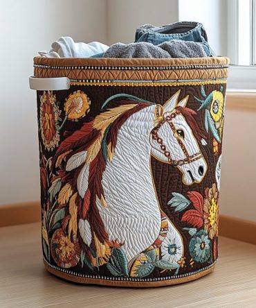 Horse Haven Quilted Laundry Hamper — Rustic Equestrian Pattern Collapsible Basket With Durable Handles & Soft Liner