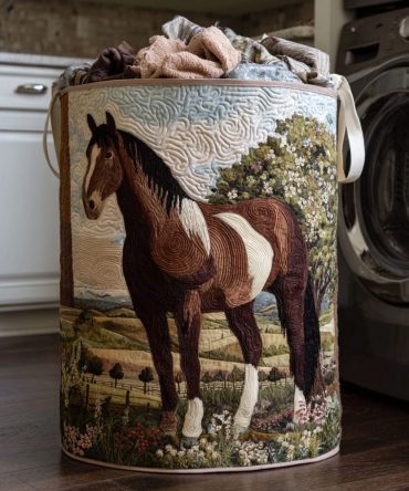 Horse Journey Quilted Laundry Hamper - Large Foldable Quilted Hamper With Comfortable Handles, Removable Liner & Sturdy Base For Bedroom