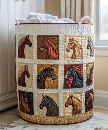 Spacious Quilted Horse-Print Laundry Hamper — Collapsible Fabric Storage Bin With Handles For Bedroom & Nursery (Decorative)