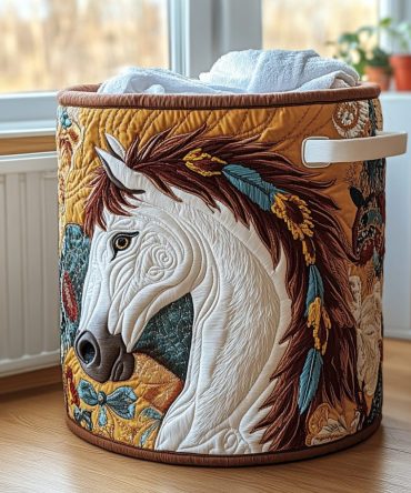 Horse Meadow Quilted Laundry Hamper — Equestrian-Themed Fabric Storage Basket, Collapsible Durable Hamper With Handles For Bedroom, Stable, Or Nursery