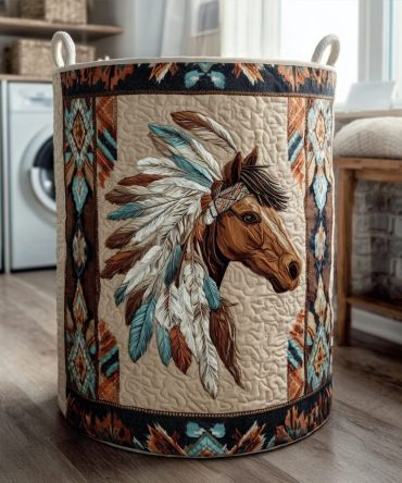 Horse Trail Quilted Laundry Hamper — Rustic Equestrian Print, Sturdy Quilted Fabric Basket With Handles For Stable-Chic Bedroom & Barn Use