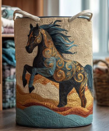 Horse Whisper Quilted Laundry Hamper - Elegant Foldable Fabric Hamper With Reinforced Handles, Removable Washable Liner For Bedrooms & Closets