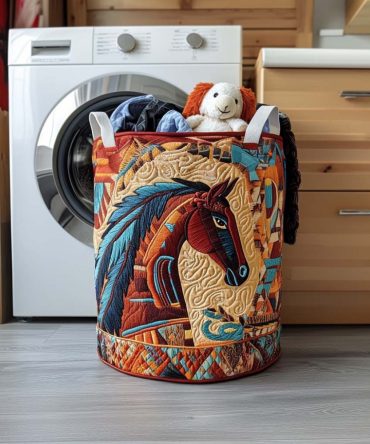 Horse Whisper Quilted Laundry Hamper – Equestrian Print Fabric Basket, Foldable Rustic Barn & Nursery Laundry Organizer, Durable & Washable