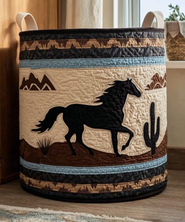 Western Horse Quilted Fabric Laundry Hamper , Large Collapsible Laundry Basket For Bedroom & Mudroom, Durable Handles, Stylish Decor
