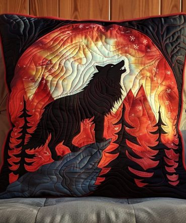 Howling Wolf Aura Quilted Pillow Cover — Dramatic Howl Wolf Throw Pillowcase, Quilted Textured Accent For Rustic, Gothic & Boho Interiors