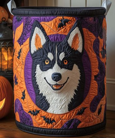 Howloween Husky Quilted Laundry Hamper - Spooky Cute Halloween Dog Print Collapsible Washable Storage Basket For Seasonal Decor