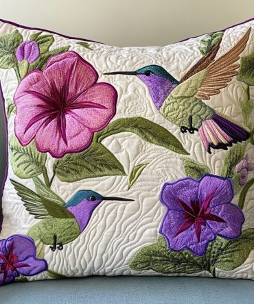 Hummingbird Floral Quilted Pillow Cover — Colorful Bird Motif Decorative Throw Pillowcase, Soft Cotton-Blend, Machine Washable & Durable
