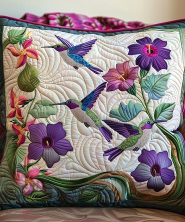 Hummingbird Harmony Quilted Pillowcase — Artistic Hummingbird & Blossom Print, Decorative Throw Cover, Soft & Washable