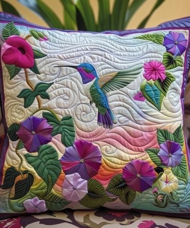 Hummingbird Haven Quilted Throw Pillow Cover — Serene Bird & Floral Design, Soft Textured Accent, Easy Care Cotton Blend