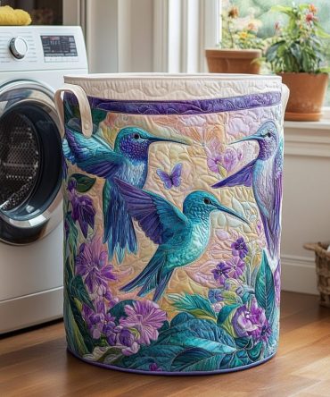 Hummingbird Air Quilted Laundry Hamper — Whimsical Hummingbird Print Fabric Basket With Handles, Lightweight Foldable Laundry Bin