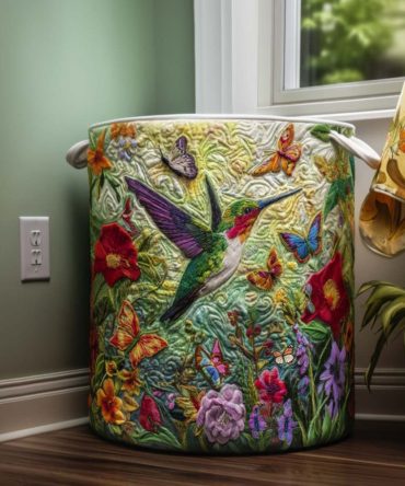 Hummingbird Bliss Quilted Laundry Hamper — Floral & Bird Print Fabric Basket, Lightweight Collapsible Hamper With Carry Handles