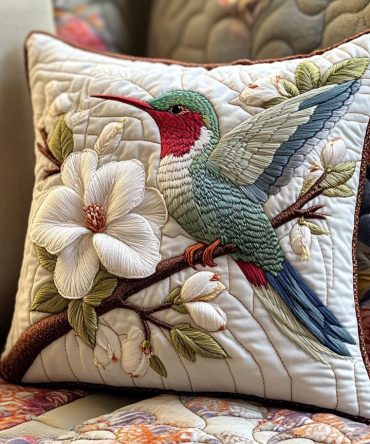 Hummingbird Bliss Quilted Pillowcase - Elegant Floral & Hummingbird Print, Soft Quilted Decorative Cover