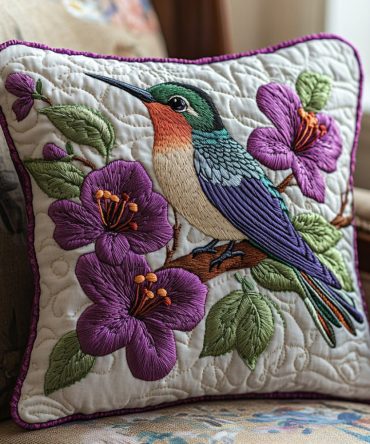 Hummingbird Bloom Quilted Pillow Cover — Bright Floral Throw Sham With Hummingbird Motif, Decorative Accent For Bed & Couch