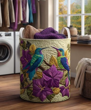 Hummingbird Bloom Quilted Laundry Hamper — Floral Pattern Fabric Basket With Handles, Collapsible & Lightweight Home Organizer