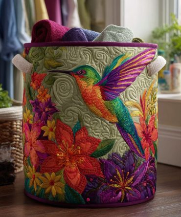 Hummingbird Bloom Quilted Laundry Hamper — Floral Bird Print Foldable Laundry Basket For Stylish Home Storage & Decor