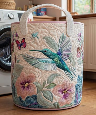 Hummingbird Bloom Quilted Laundry Hamper - Scenic Hummingbird Print Foldable Fabric Laundry Basket, Durable & Washable