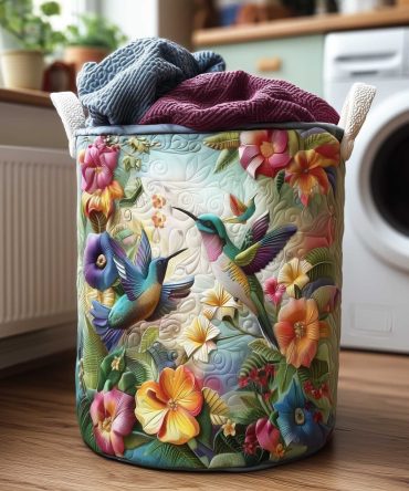 Hummingbird Breeze Quilted Cotton Laundry Hamper – Floral Collapsible Fabric Basket With Reinforced Handles, Charming Nursery & Home Storage