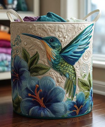 Hummingbird Quilted Laundry Hamper - Large Collapsible Fabric Basket With Sturdy Handles, Decorative Bird Print, Washable Storage