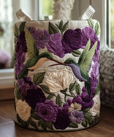 Hummingbird Delight Quilted Laundry Hamper — Vibrant Bird & Floral Print, Foldable Fabric Laundry Basket With Carry Handles