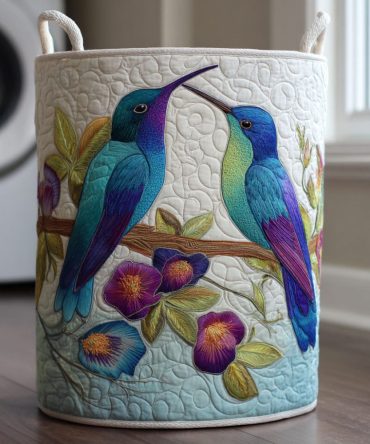 Hummingbird Delight Quilted Laundry Hamper — Elegant Bird & Blossom Foldable Laundry Basket With Handles For Stylish Home Organization