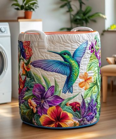 Hummingbird Flow Quilted Laundry Hamper - Elegant Bird Pattern Fabric Basket, Foldable Washable Organizer For Living Room