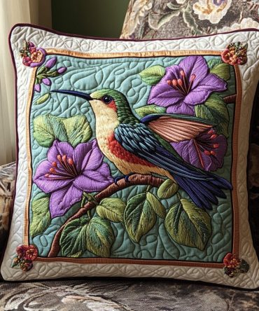 Hummingbird Garden Quilted Pillow Cover — Botanical Bird Throw Sham For Sofa & Bed, Lush Floral Design, Machine Friendly