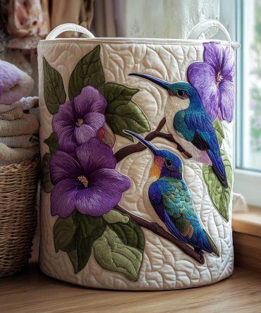 Hummingbird Glow Quilted Laundry Hamper — Bright Floral Fabric Laundry Basket With Handles, Collapsible & Durable For Home Use