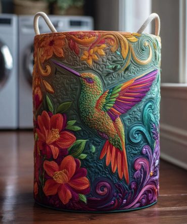 Hummingbird Glow Quilted Collapsible Laundry Hamper - Bright Hummingbird Pattern Washable Storage Basket For Bedroom & Gifts