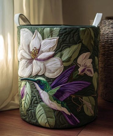 Hummingbird Grace Quilted Laundry Hamper — Elegant Floral Fabric Laundry Basket With Handles, Foldable & Machine-Friendly
