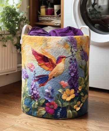 Hummingbird Harmony Quilted Laundry Hamper — Floral & Bird Print Fabric Basket, Foldable Lightweight Organizer With Handles For Home & Nursery