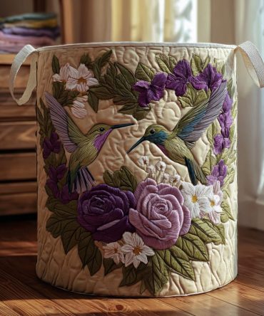 Hummingbird Haven Quilted Laundry Hamper — Floral Decorative Fabric Basket With Handles, Collapsible & Lightweight Organizer