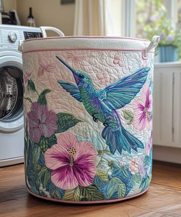 Hummingbird Haven Quilted Laundry Hamper — Nature-Inspired Quilted Basket, Collapsible Cotton-Lined Storage For Home & Nursery