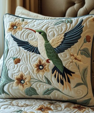 Hummingbird Quilted Pillowcase - Botanical Hummingbird Design, Soft Quilted Cotton Blend Decorative Cover