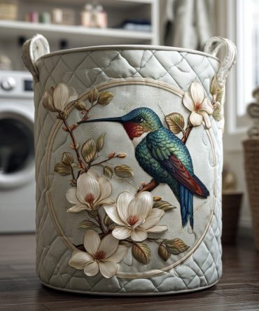 Hummingbird Lace Quilted Laundry Hamper — Elegant Floral Print Collapsible Fabric Basket With Handles, Lightweight Storage