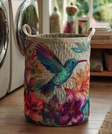 Hummingbird Light Quilted Fabric Hamper - Airy Floral Collapsible Laundry Basket For Elegant, Lightweight Home Storage