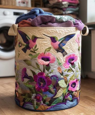 Hummingbird Meadow Quilted Laundry Hamper — Meadow-Inspired Quilted Fabric Basket, Collapsible Storage Solution With Handles For Living Spaces